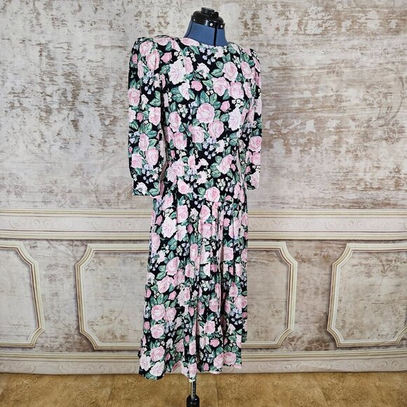 Vintage 1980s Drop Waist Floral Dress S Cottagecore RomCom Pink Rose Vtg 80s - Picture 7 of 12